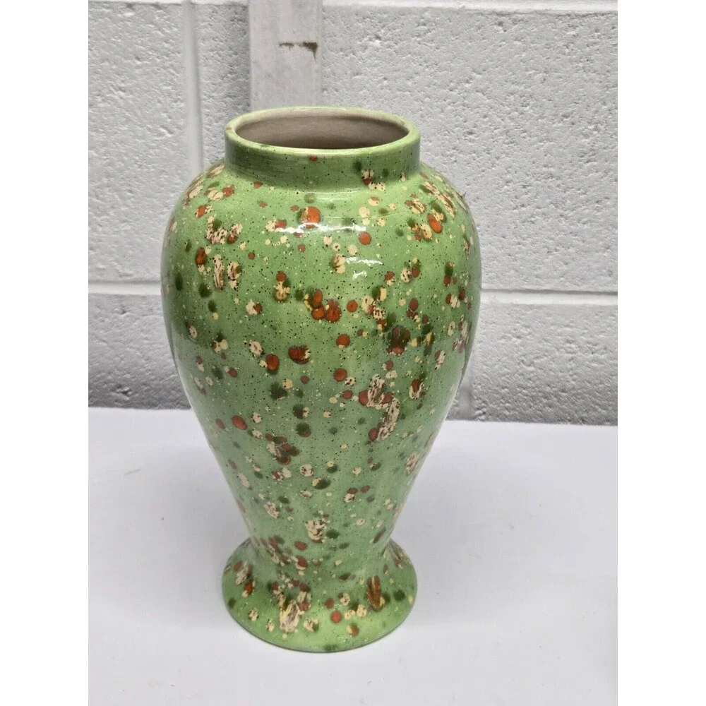 Apothecary Style Jar Lid Large Ceramic Container Green Splatter 70's Perfect